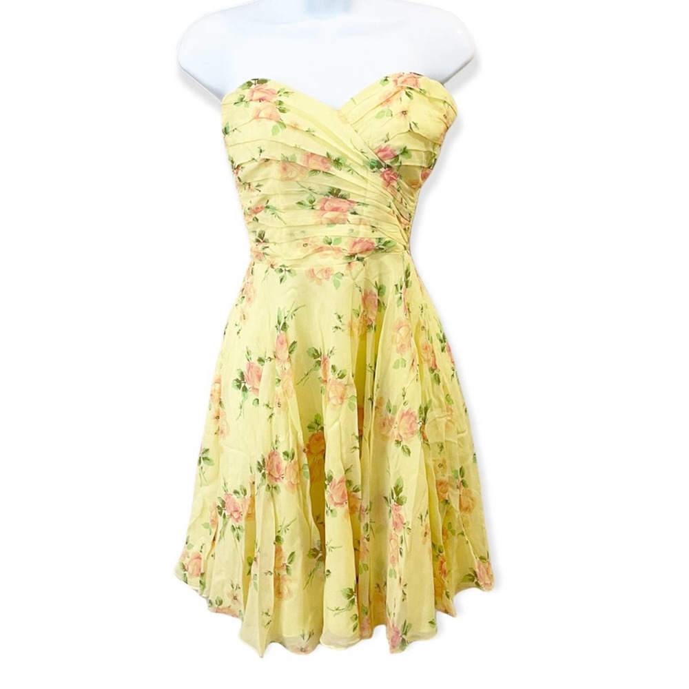 Betsy Johnson Vintage Floral Strapless Heart Shaped Neckline Yellow Silk Dress 2
